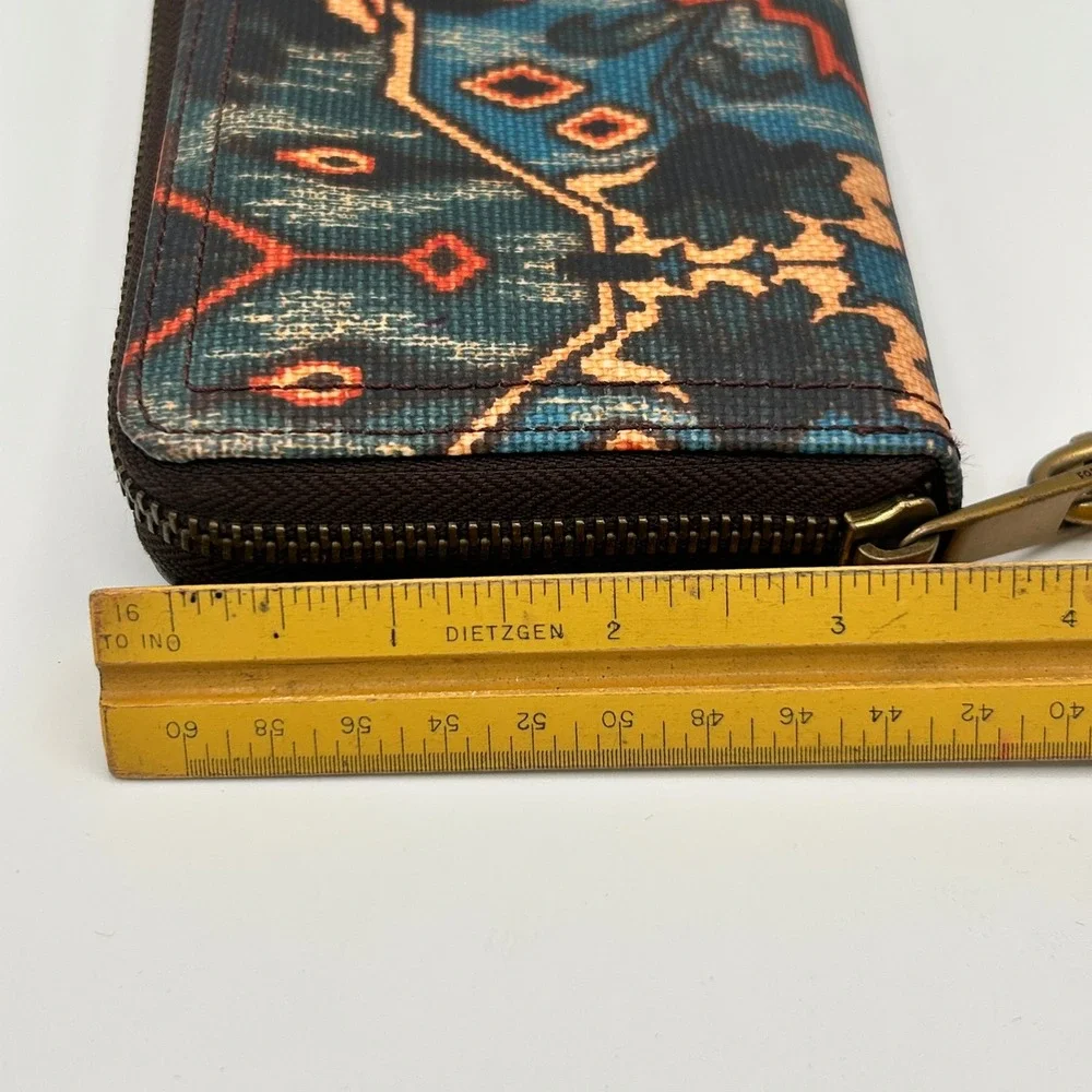 Fossil Logan Zip Around Wristlet Wallet Ikat Geometric Kilim Navy Orange Teal